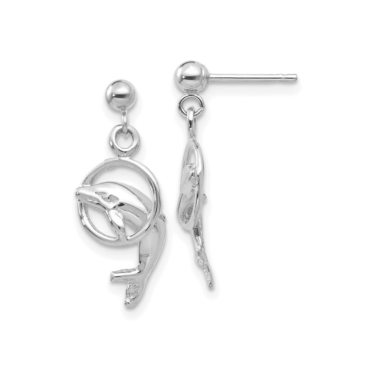 14k White Gold Dolphin Dangle Stud Earrings with Circle Frame Design