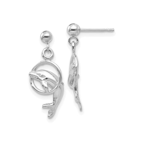 14k White Gold Dolphin Dangle Stud Earrings with Circle Frame Design