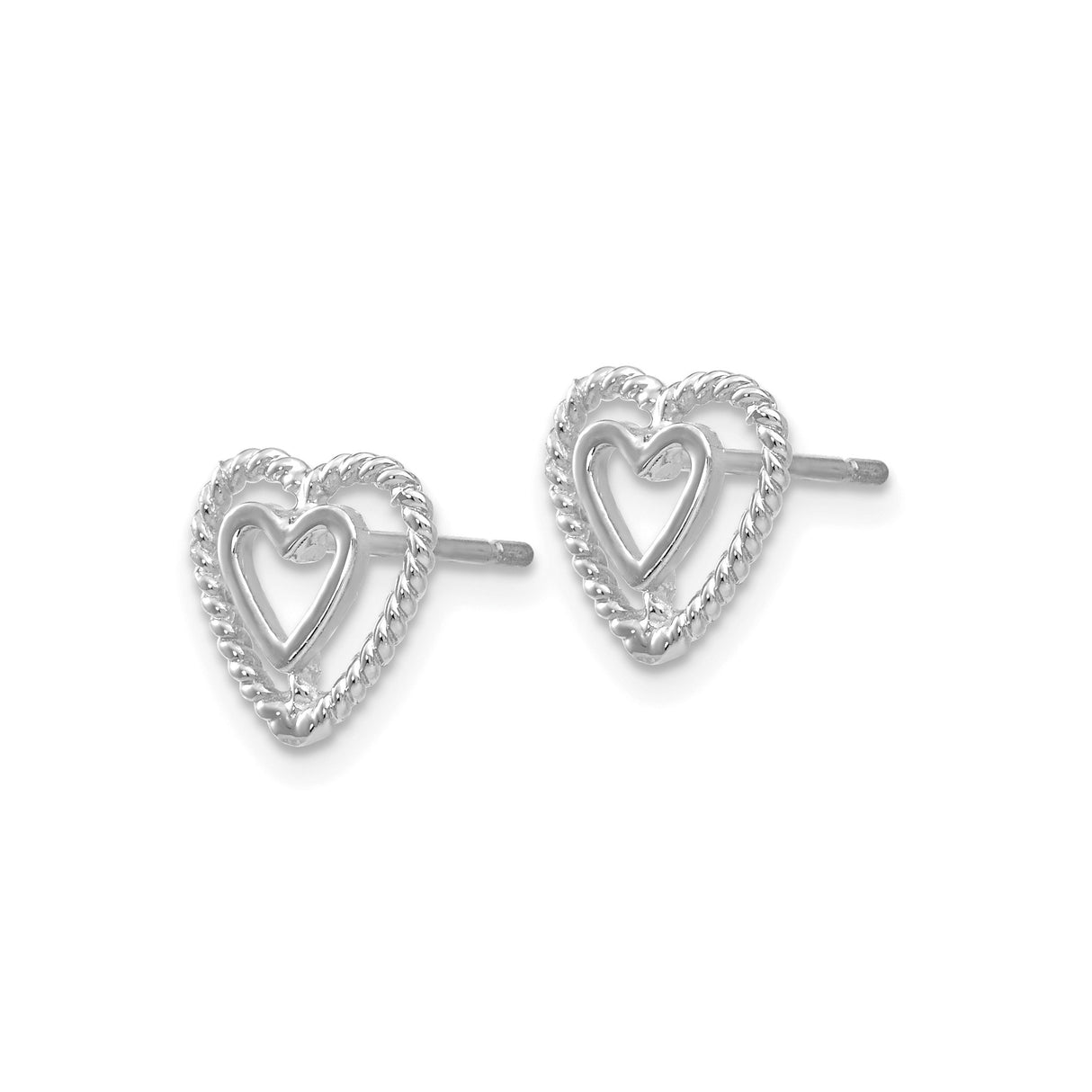 14k White Gold Heart Stud Earrings with Double Open Heart and Twisted Border Design