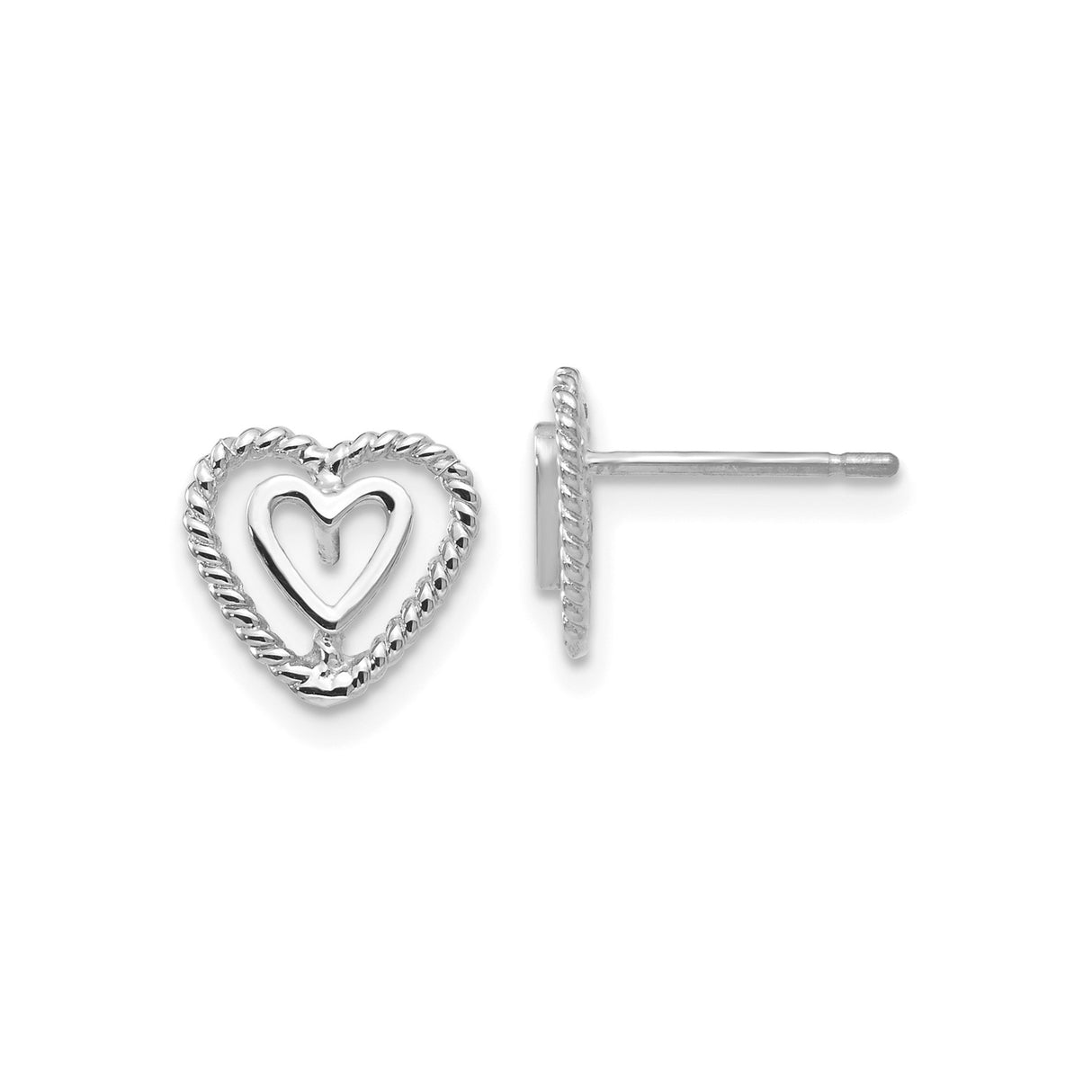 14k White Gold Heart Stud Earrings with Double Open Heart and Twisted Border Design