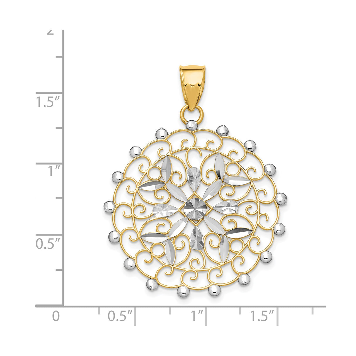 14k Multi-Tone Gold Mandala Pendant with Diamond Cut Filigree and Rhodium Accents