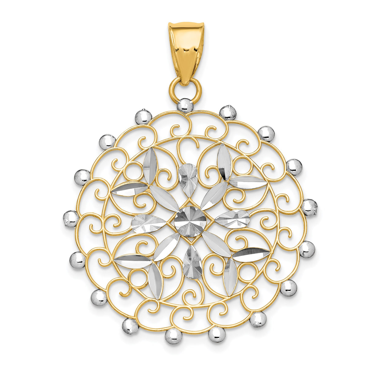 14k Multi-Tone Gold Mandala Pendant with Diamond Cut Filigree and Rhodium Accents