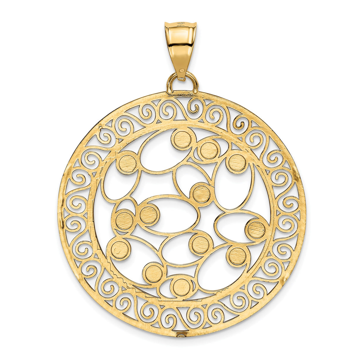 14k Multi-Tone Gold Round Filigree Pendant with Rhodium Accent, Swirl and Floral Design