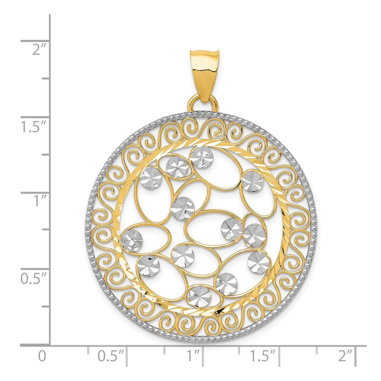 14k Multi-Tone Gold Round Filigree Pendant with Rhodium Accent, Swirl and Floral Design