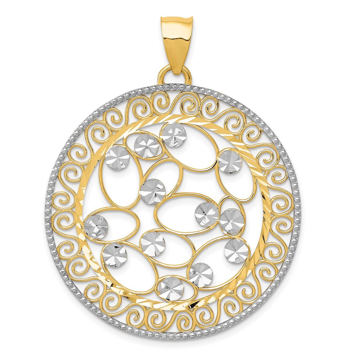 14k Multi-Tone Gold Round Filigree Pendant with Rhodium Accent, Swirl and Floral Design