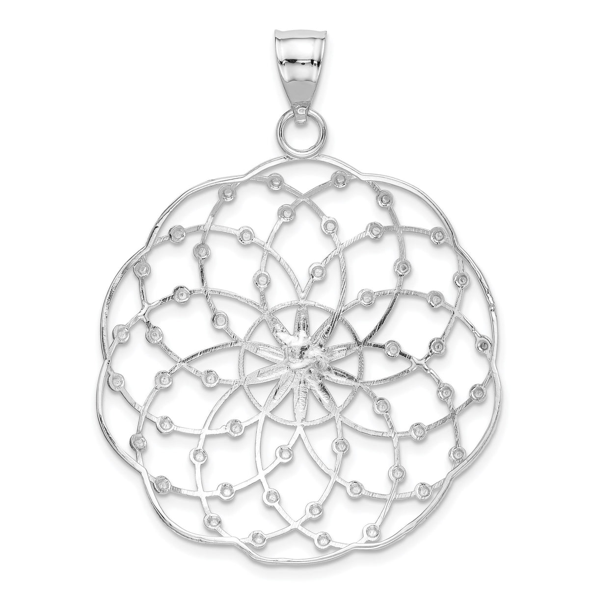 14k White Gold Mandala Pendant with Starburst Center, Geometric Floral Design