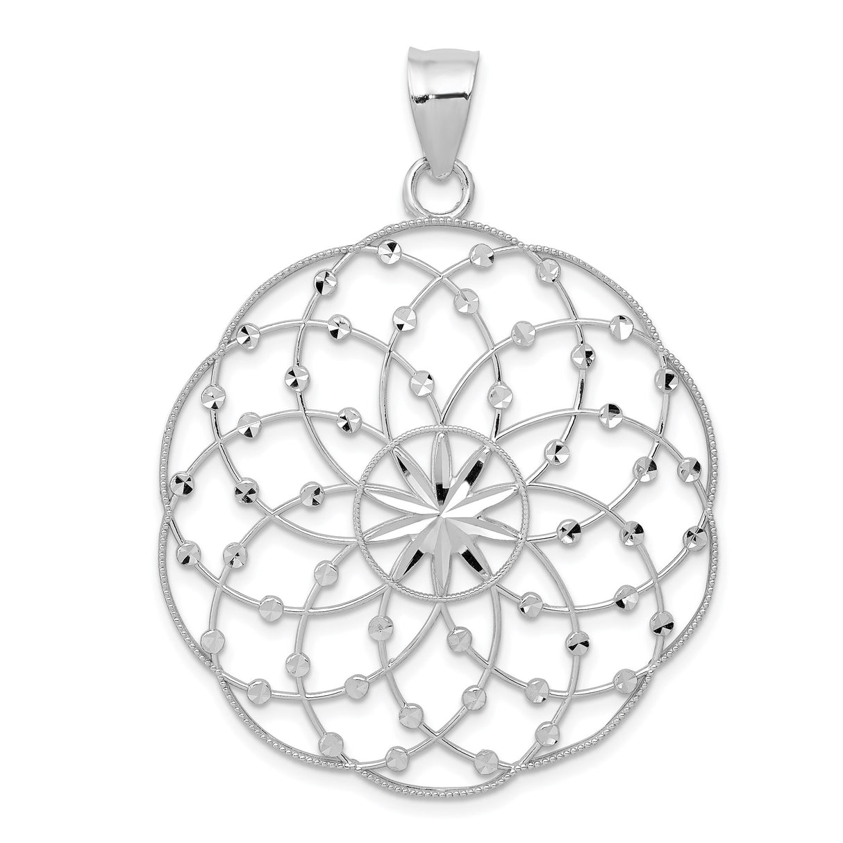 14k White Gold Mandala Pendant with Starburst Center, Geometric Floral Design