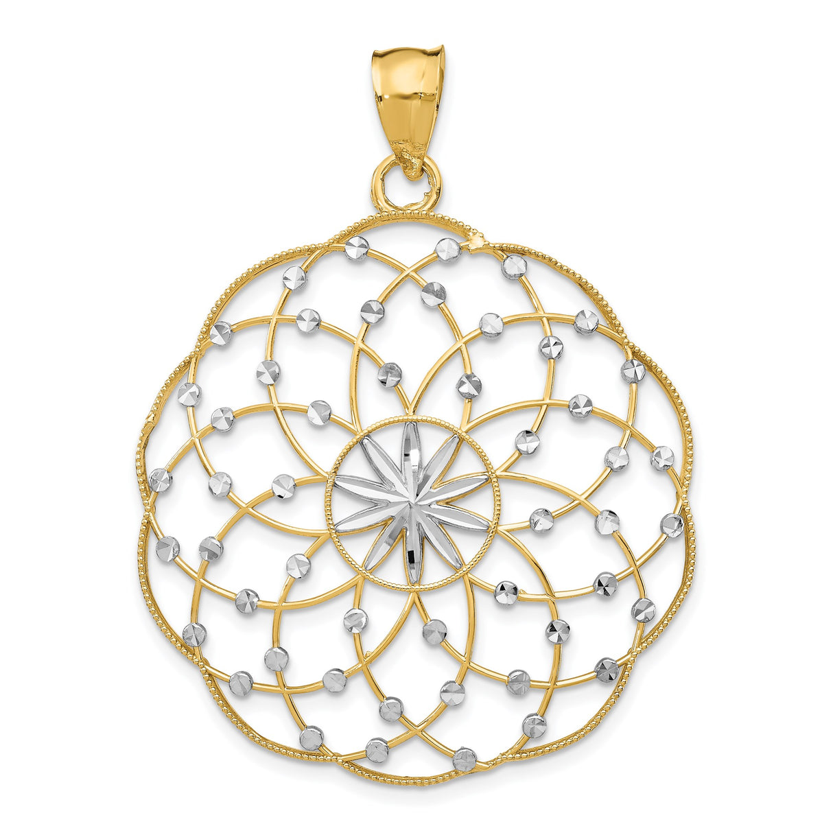 14k Multi-Tone Gold Mandala Pendant with Floral Starburst Design for Women