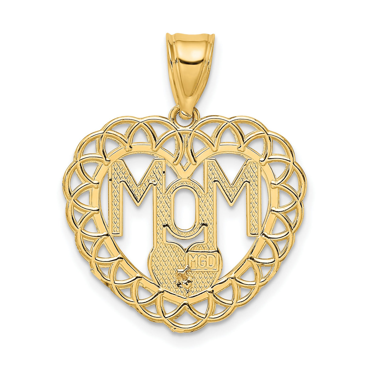 14k Two-Tone Gold Heart Pendant with MOM Cutout, Rose Accent, Filigree Design