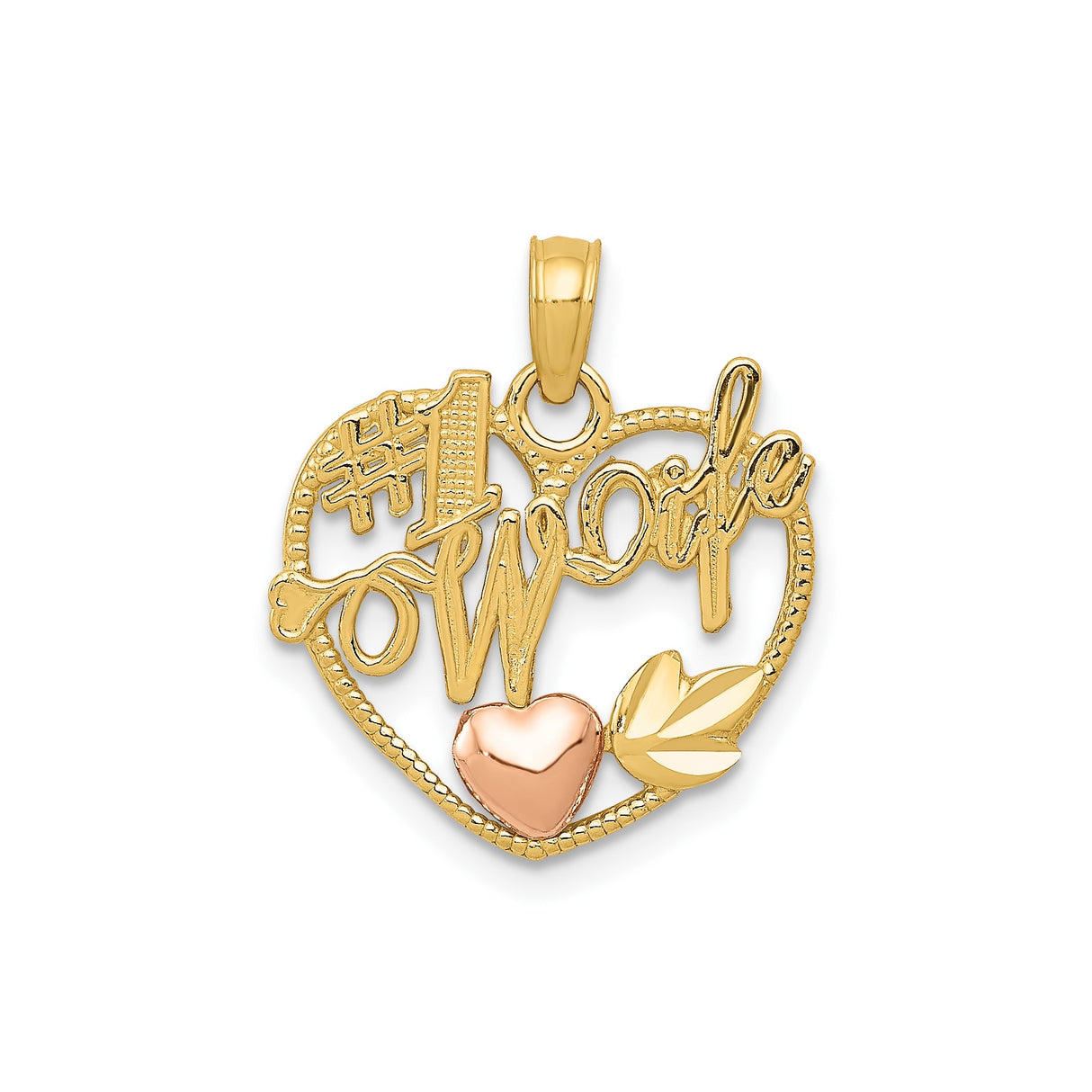 14k Two-Tone Gold Heart Pendant with #1 Wife Script and Rose Gold Accent