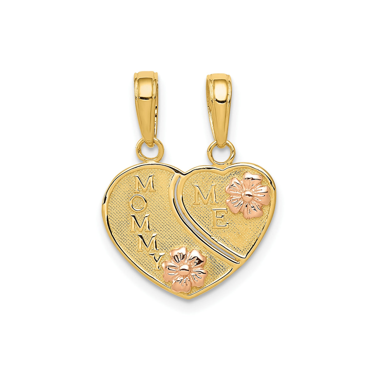 14k Two-Tone Gold Heart Pendant with Rose Gold Flower Accents, Mommy and Me Split Charm