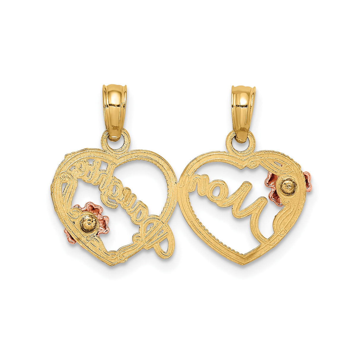 14k Two-Tone Gold Heart Pendant with Mom and Daughter Inscriptions and Floral Design