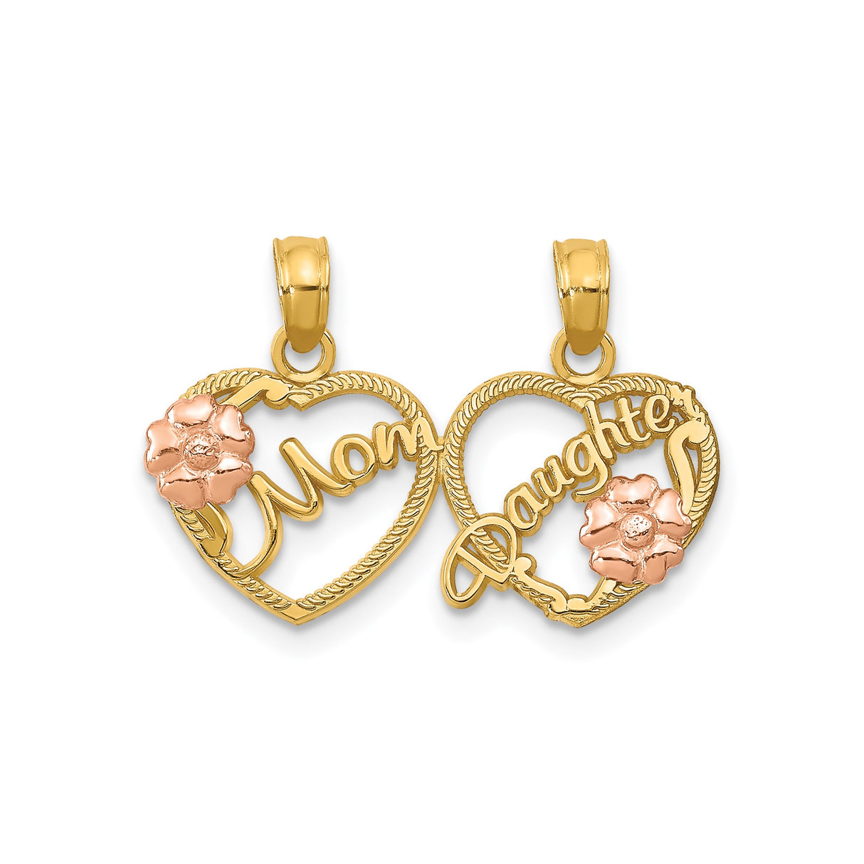 14k Two-Tone Gold Heart Pendant with Mom and Daughter Inscriptions and Floral Design