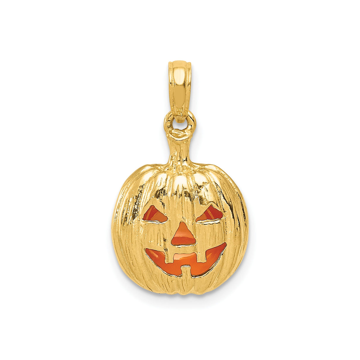 14k Yellow Gold Pumpkin Pendant with Jack-o-Lantern Design and Orange Enamel, Halloween Charm