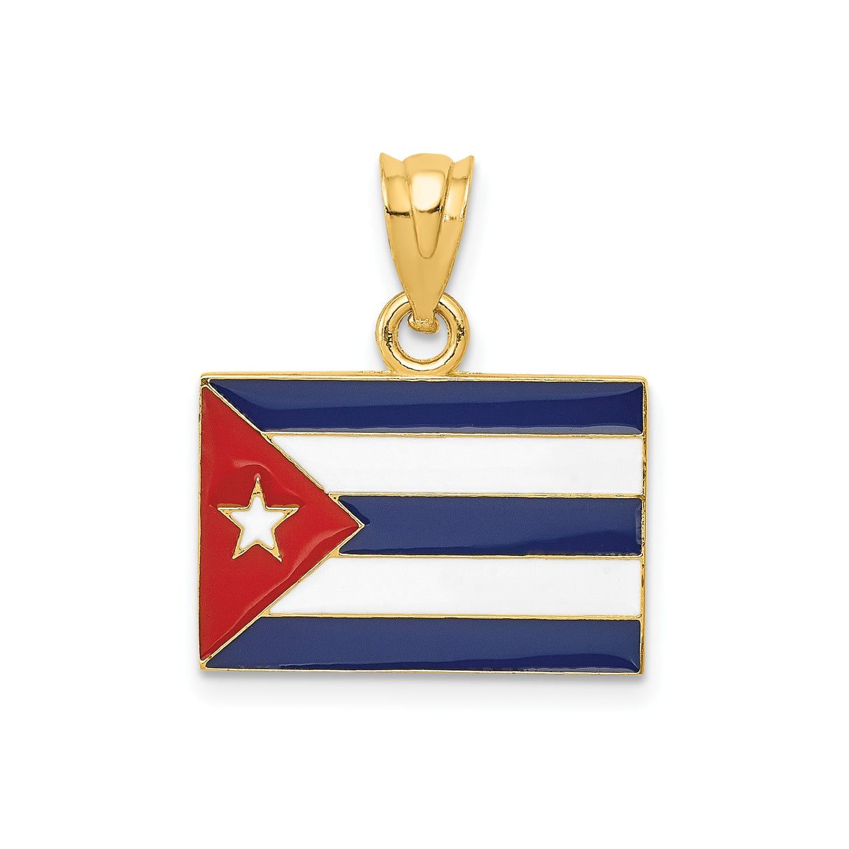 14k Yellow Gold Cuban Flag Pendant with Red White Blue Enamel and White Star Symbol