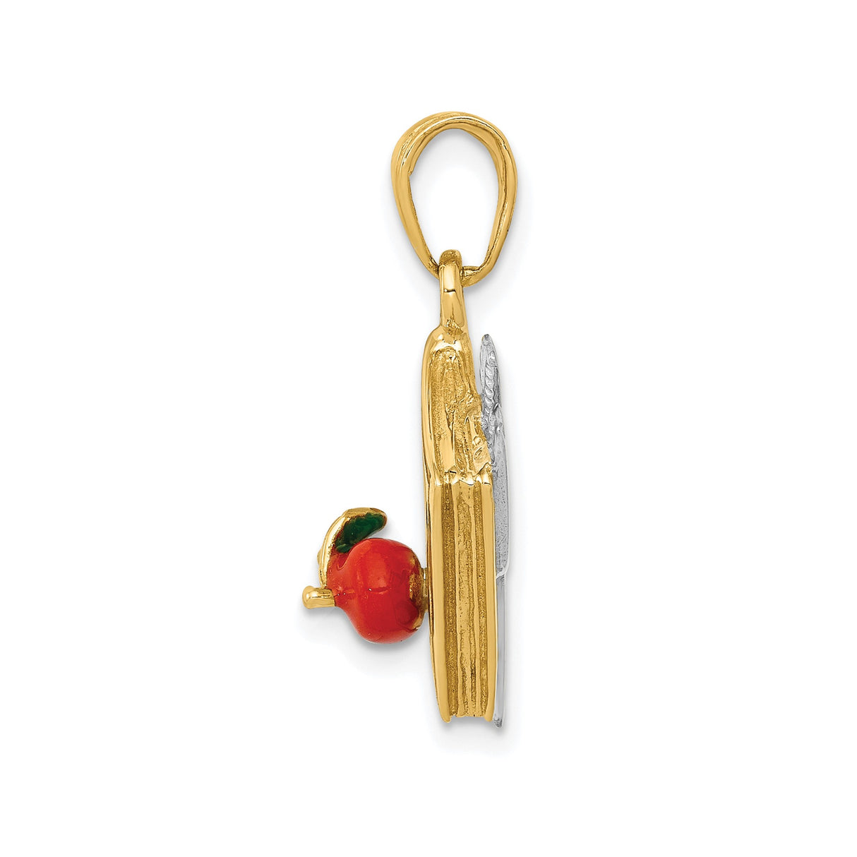 14k Two-Tone Gold Book Pendant with ABC Letters and Red Apple, Teacher Education Charm