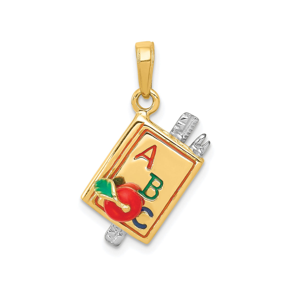 14k Two-Tone Gold Book Pendant with ABC Letters and Red Apple, Teacher Education Charm