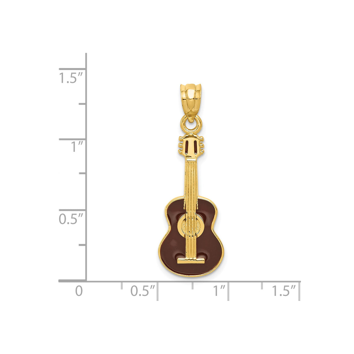 14k Yellow Gold Guitar Pendant with Brown Enamel, Acoustic Music Charm for Musicians