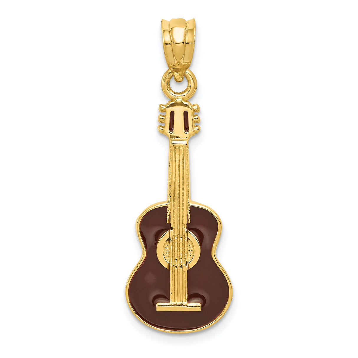 14k Yellow Gold Guitar Pendant with Brown Enamel, Acoustic Music Charm for Musicians