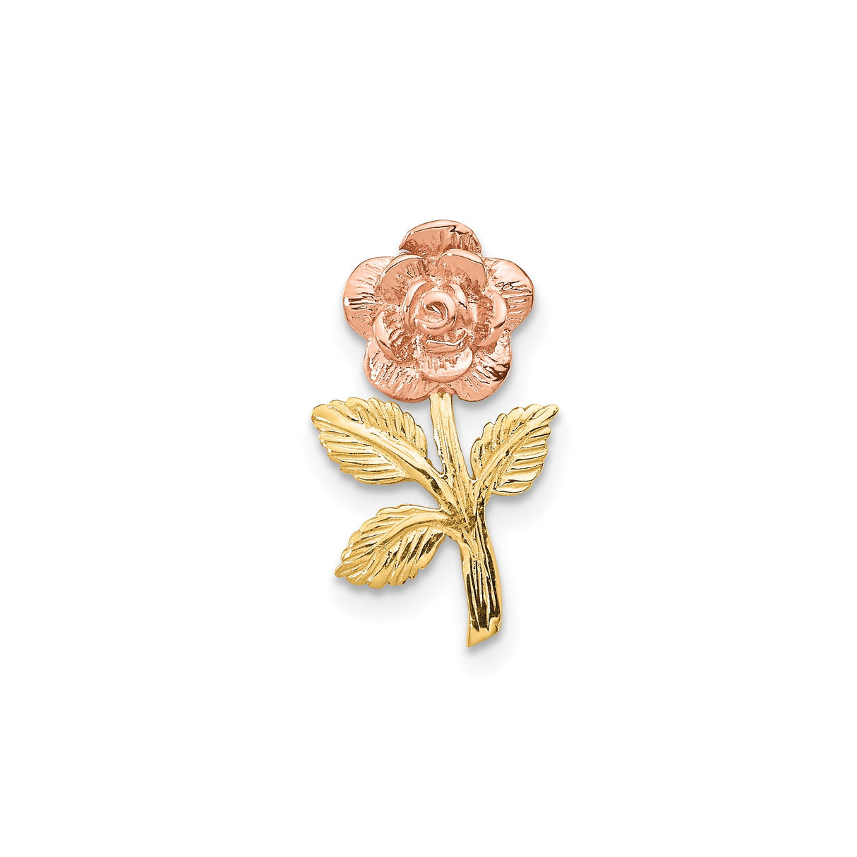 14k Two-Tone Gold Rose Flower Pendant with Yellow Gold Stem and Rose Gold Blossom
