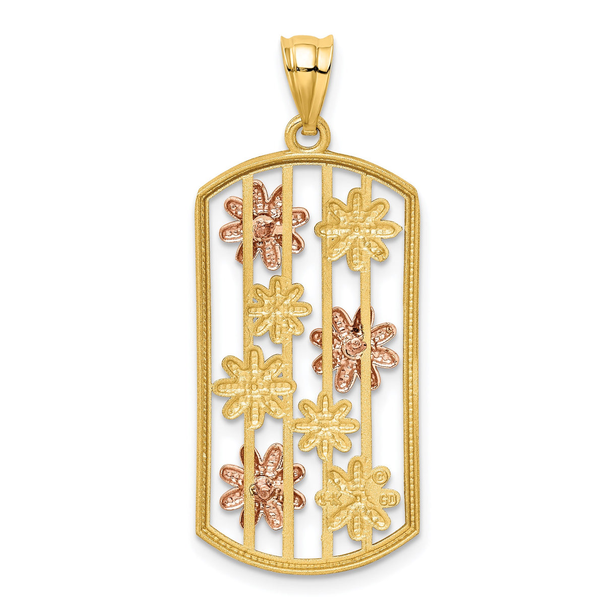 14k Two-Tone Gold Vertical Openwork Pendant with Yellow, White and Rose Gold Daisies