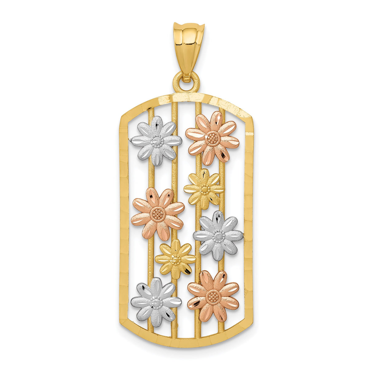 14k Two-Tone Gold Vertical Openwork Pendant with Yellow, White and Rose Gold Daisies