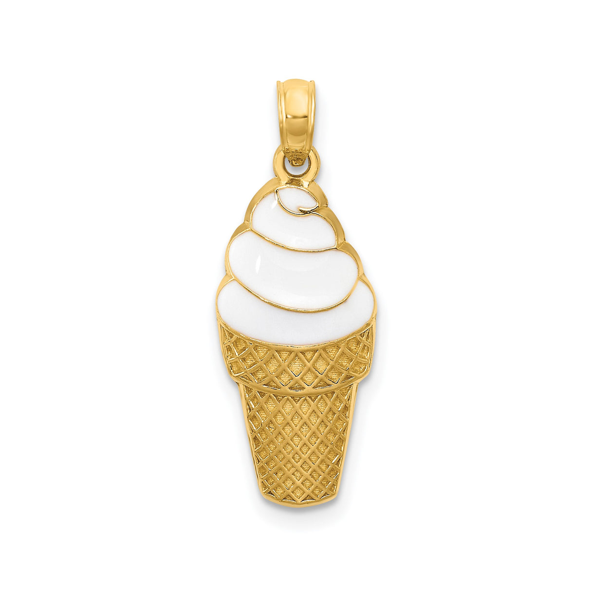 14k Yellow Gold Ice Cream Cone Pendant with White Enamel, Whimsical Summer Charm