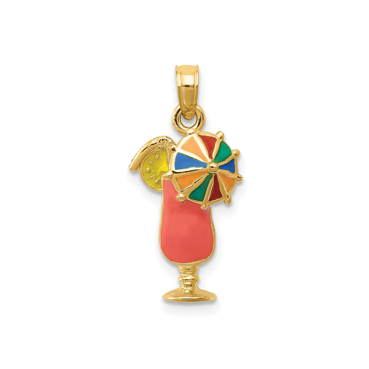 14k Yellow Gold Tropical Cocktail Pendant with Enamel Umbrella and Citrus Slice Design