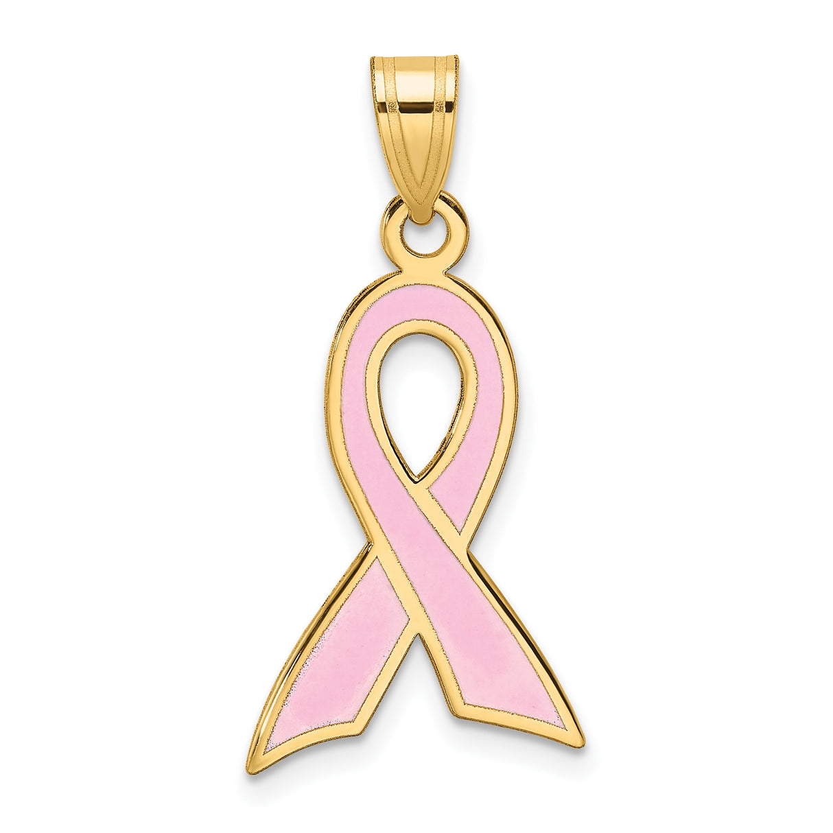 14k Yellow Gold Pink Ribbon Pendant with Enamel Detailing, Breast Cancer Awareness Jewelry for Women