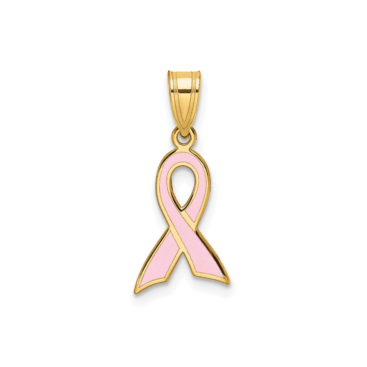 14k Yellow Gold Pendant with Pink Enamel Ribbon, Breast Cancer Awareness Charm for Women