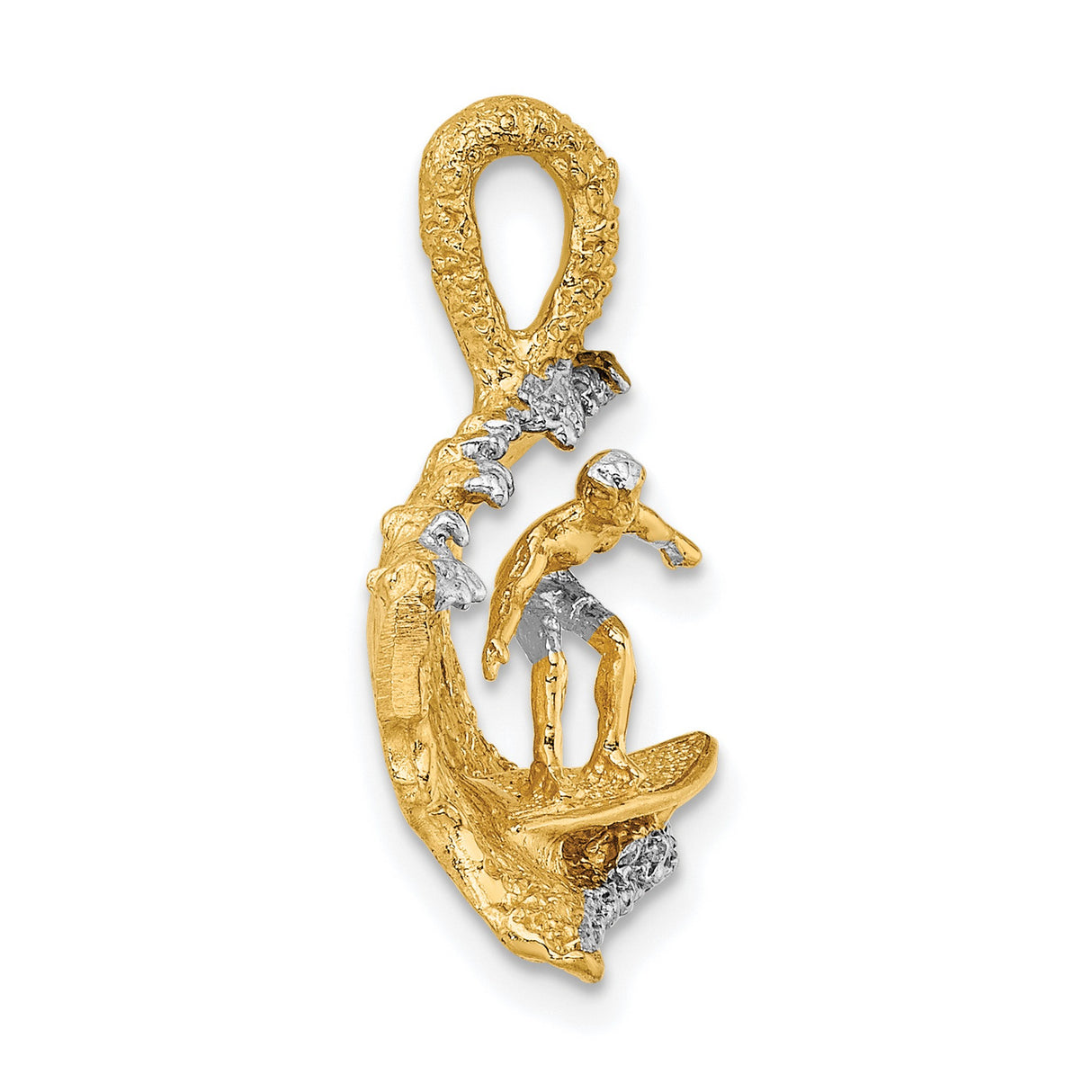 14k Multi-Tone Gold Surfer Pendant with Rhodium Finish, Ocean Wave Charm for Men