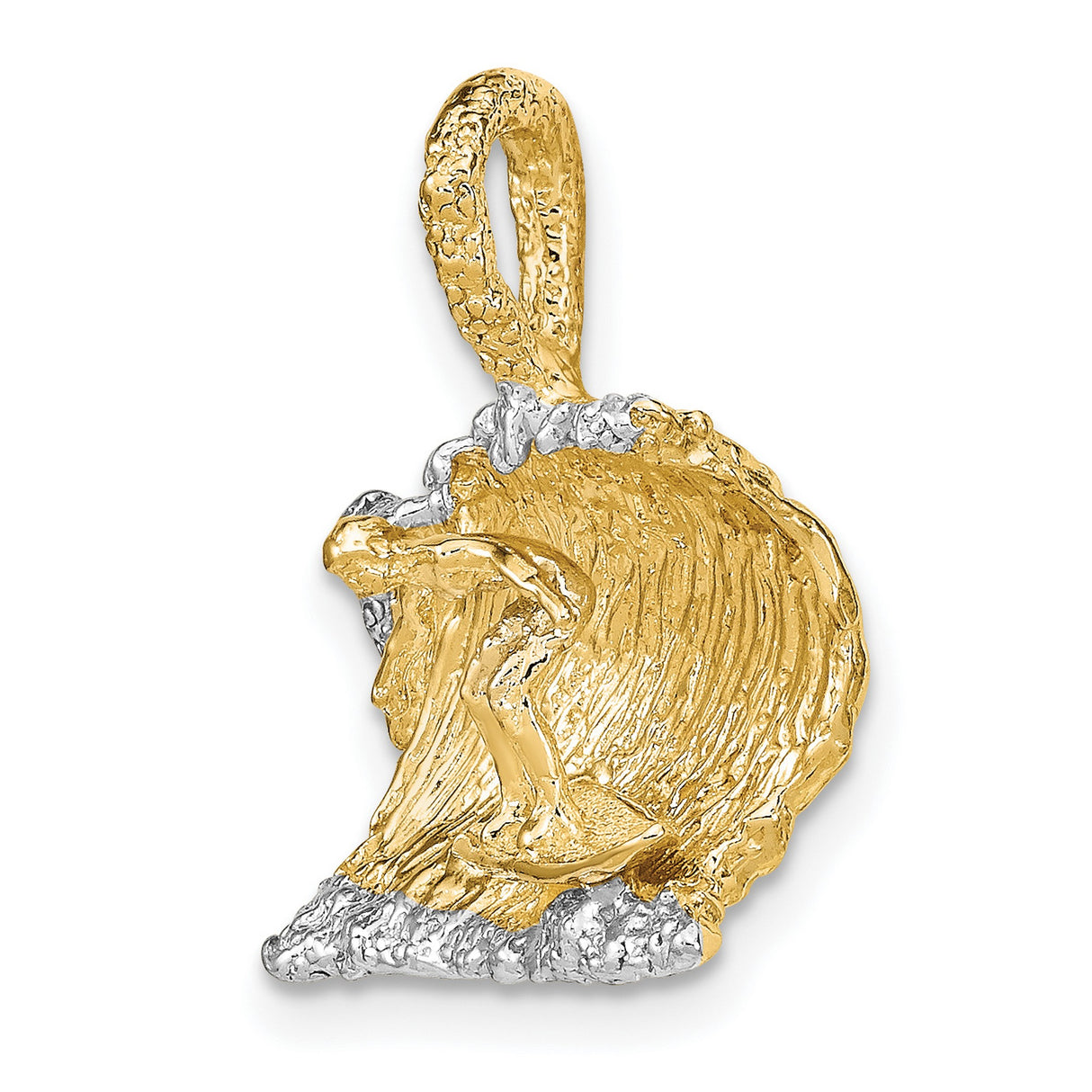 14k Multi-Tone Gold Surfer Pendant with Rhodium Finish, Ocean Wave Charm for Men