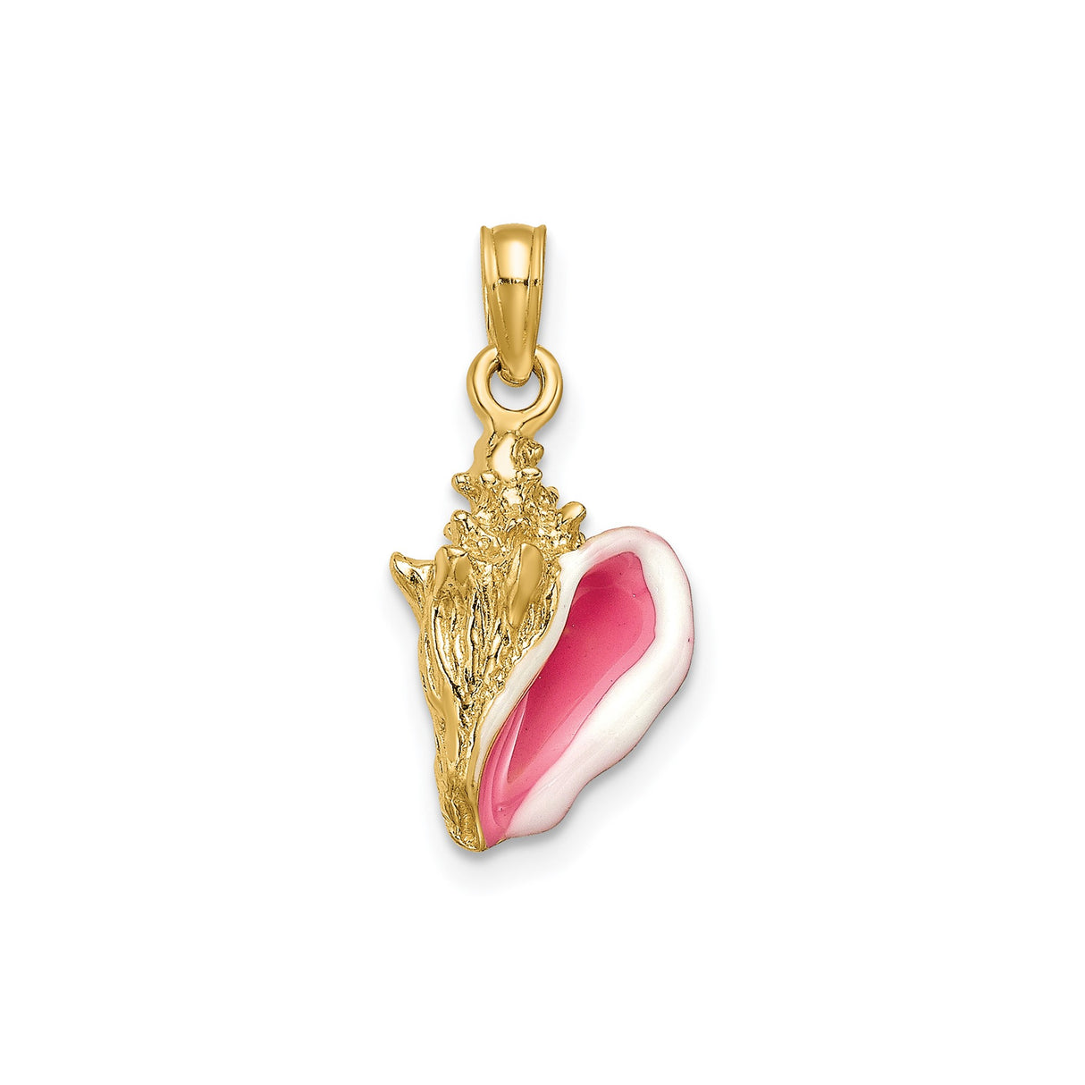 14k Yellow Gold Conch Shell Pendant with Pink and White Enamel, Nautical Tropical Charm