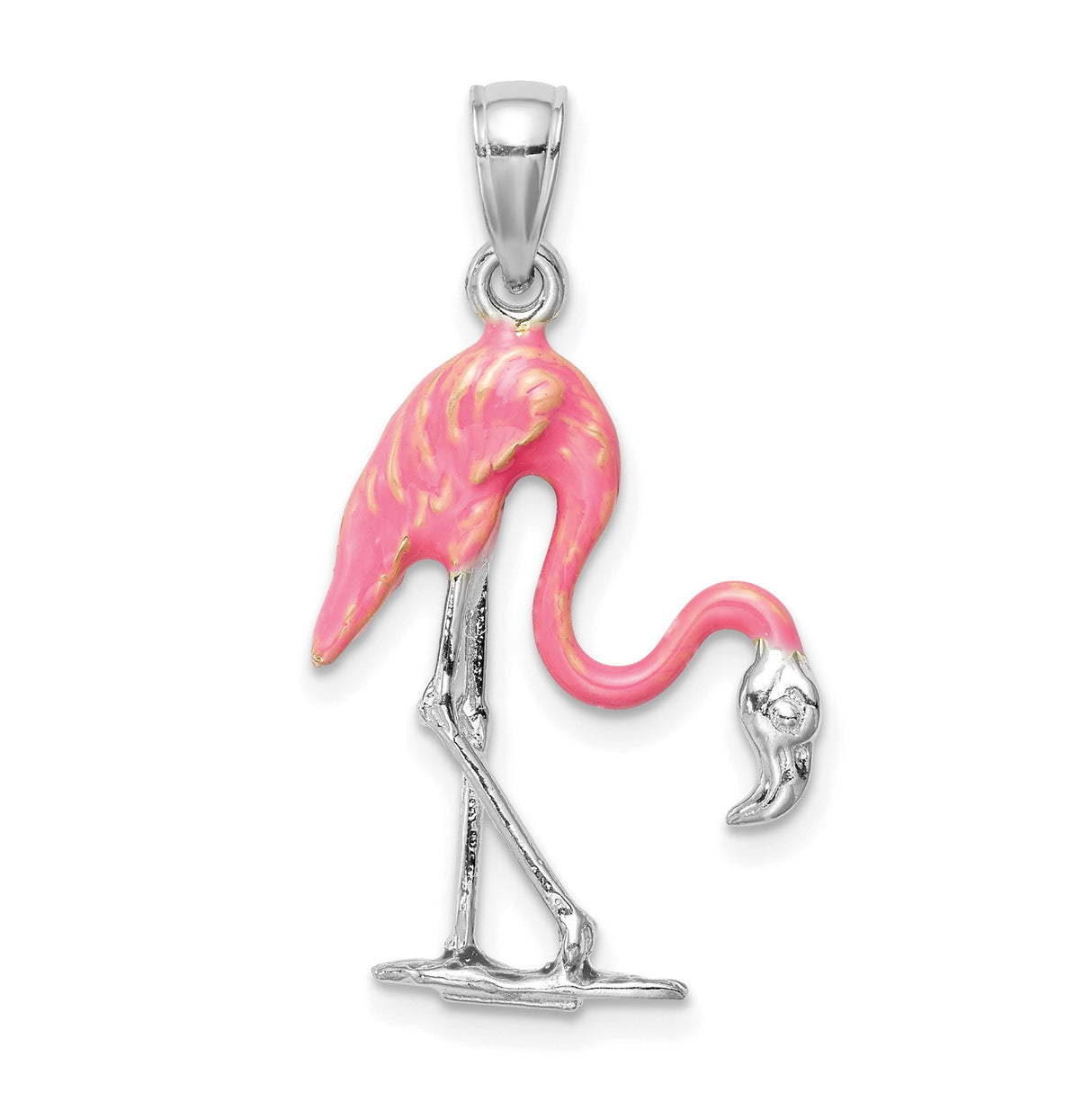 14k White Gold Flamingo Pendant with Colorful Enamel Detailing, Tropical Bird Design for Women