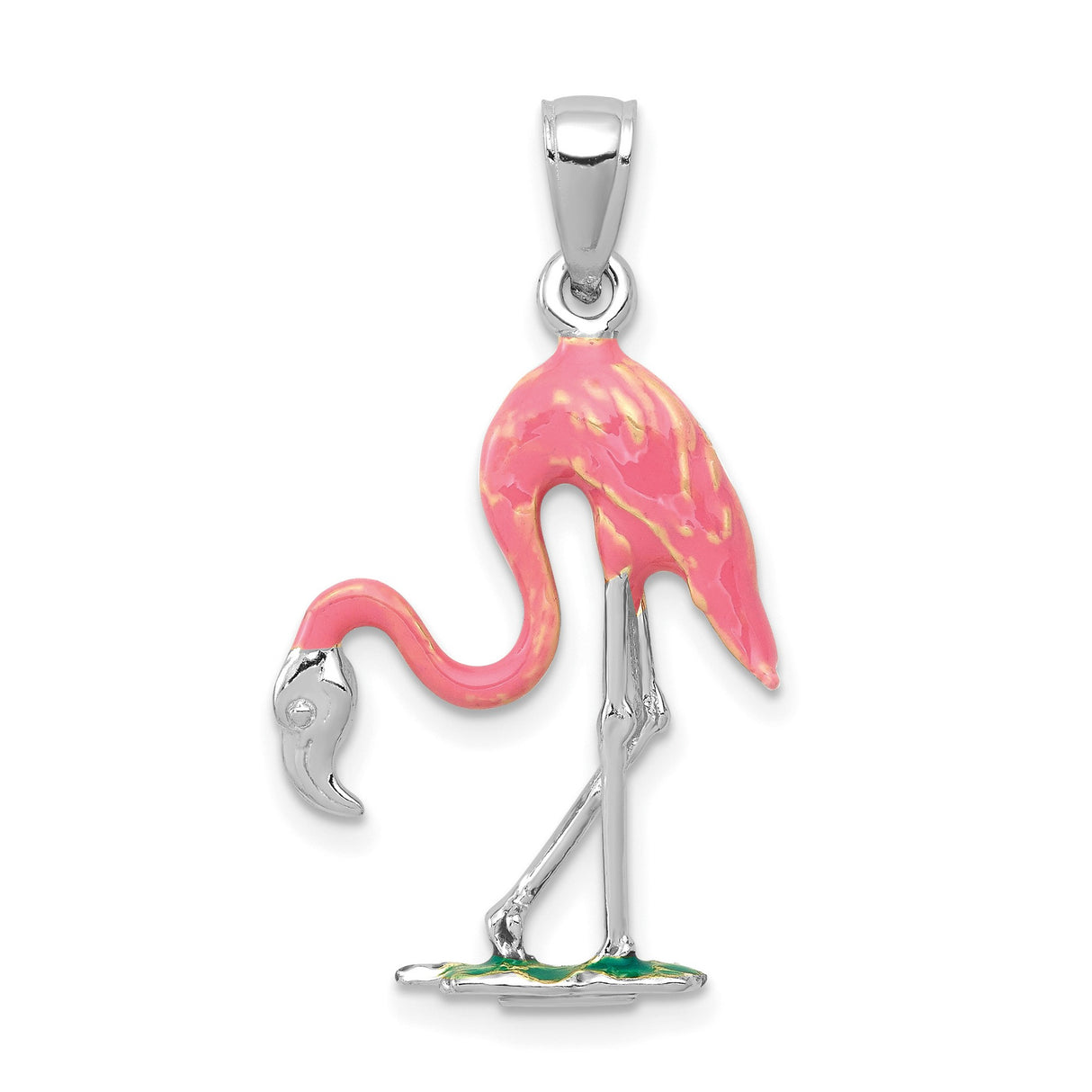 14k White Gold Flamingo Pendant with Colorful Enamel Detailing, Tropical Bird Design for Women