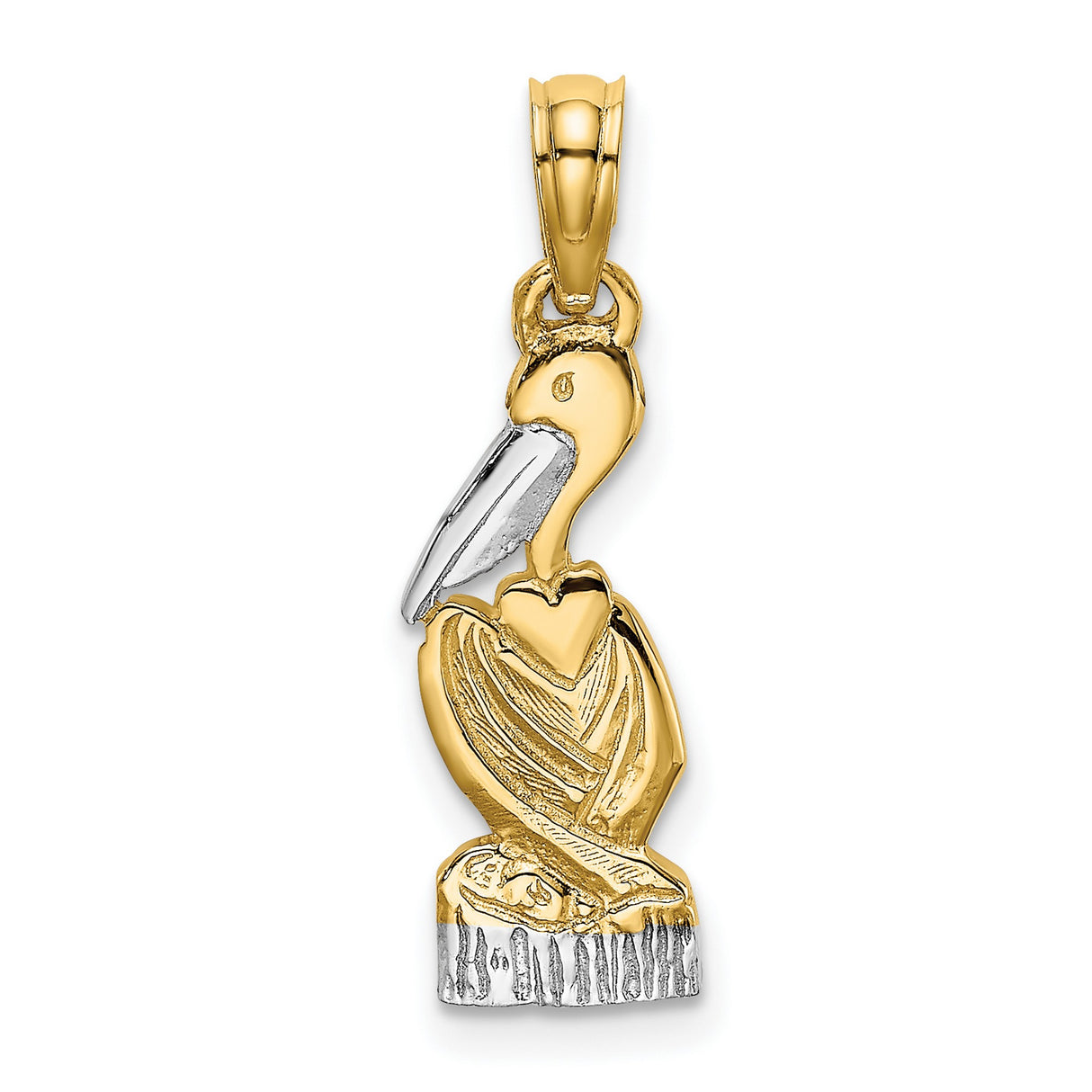 14k Multi-Tone Gold Pelican Pendant, Coastal Bird on Post, Nautical Jewelry for Men and Women