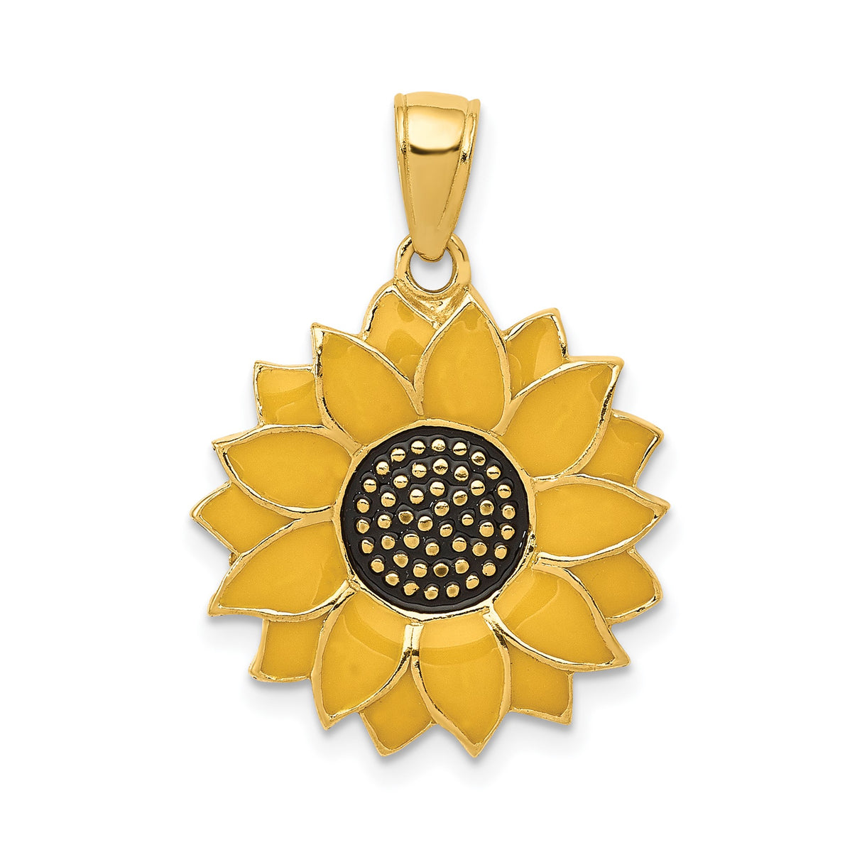 14k Yellow Gold Sunflower Pendant with Enamel Petals and Textured Center, Nature-Inspired Charm