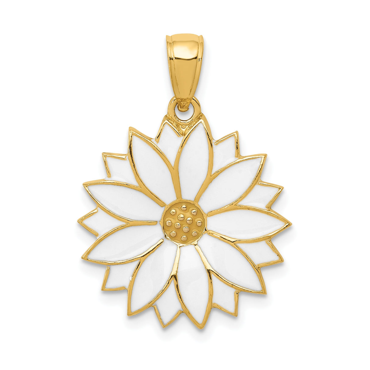 14k Yellow Gold Pendant with White Enamel Daisy Flower Design, Nature-Inspired Charm for Women
