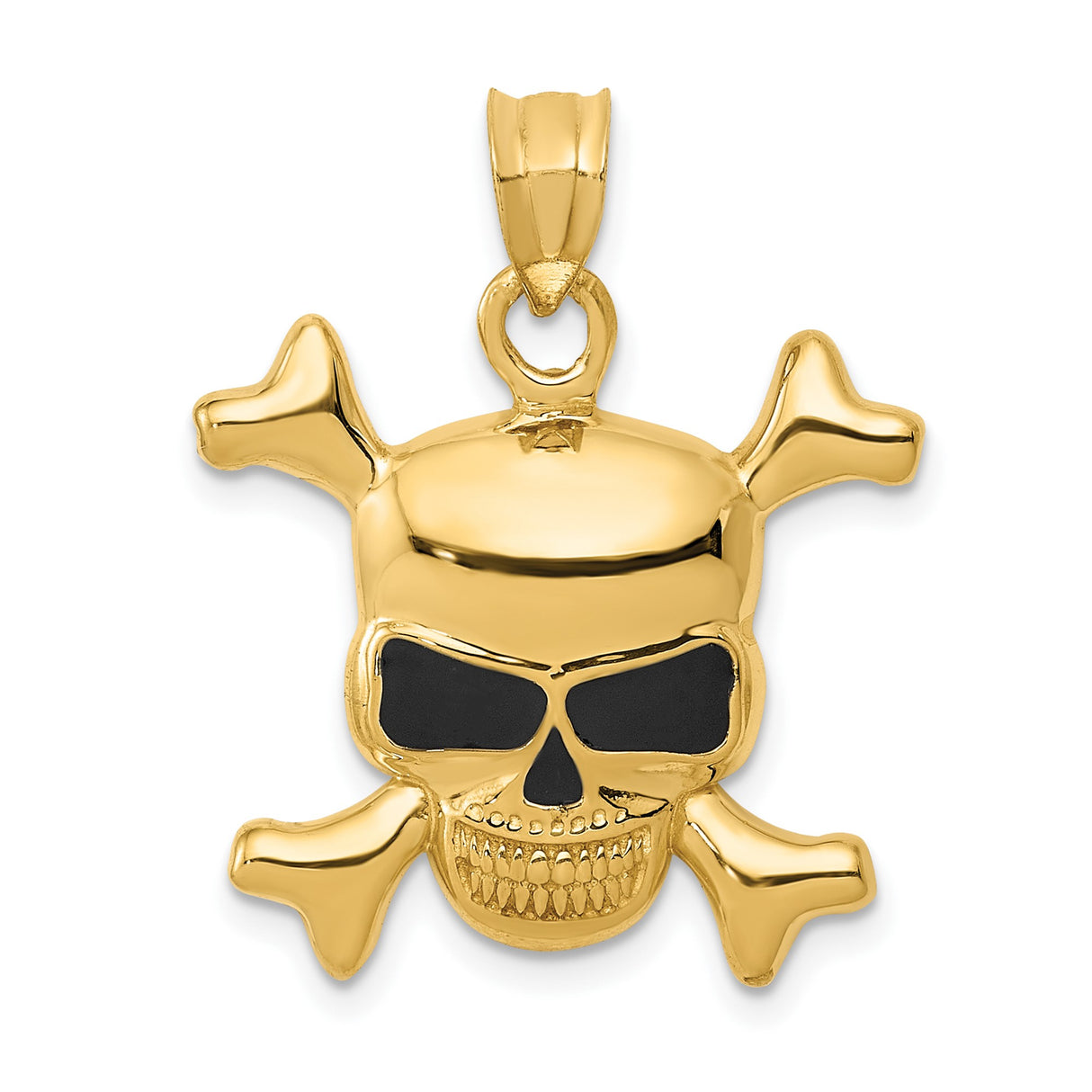 14k Yellow Gold Skull and Crossbones Pendant with Black Enamel, Pirate Gothic Style