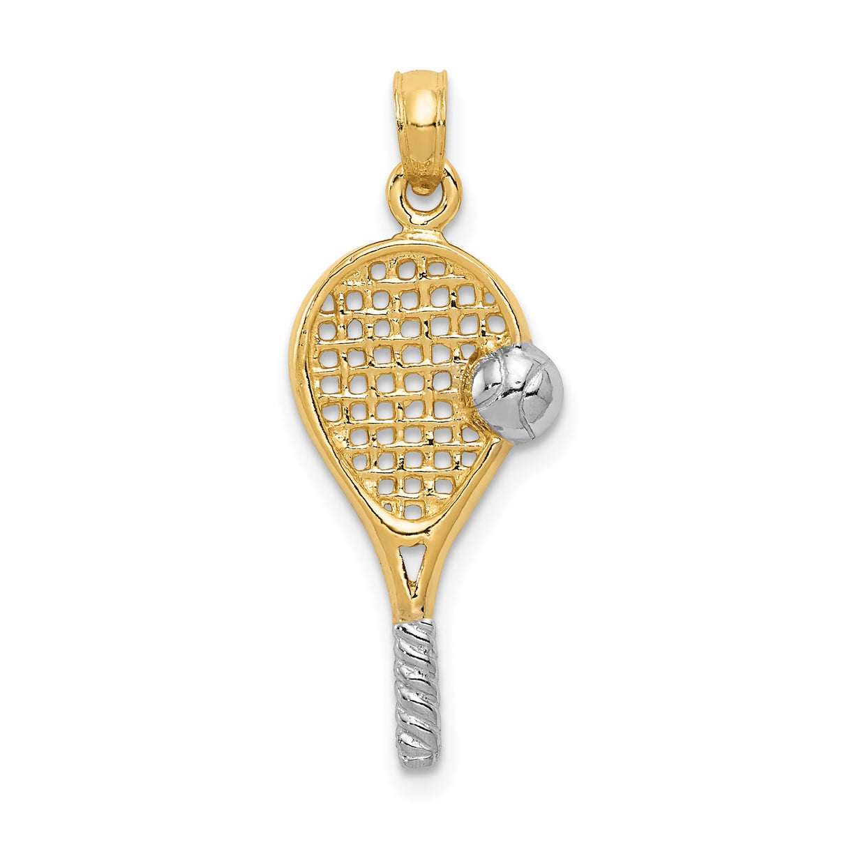 14k Multi-Tone Gold Tennis Racquet Pendant with Ball Charm, Sports Theme Jewelry