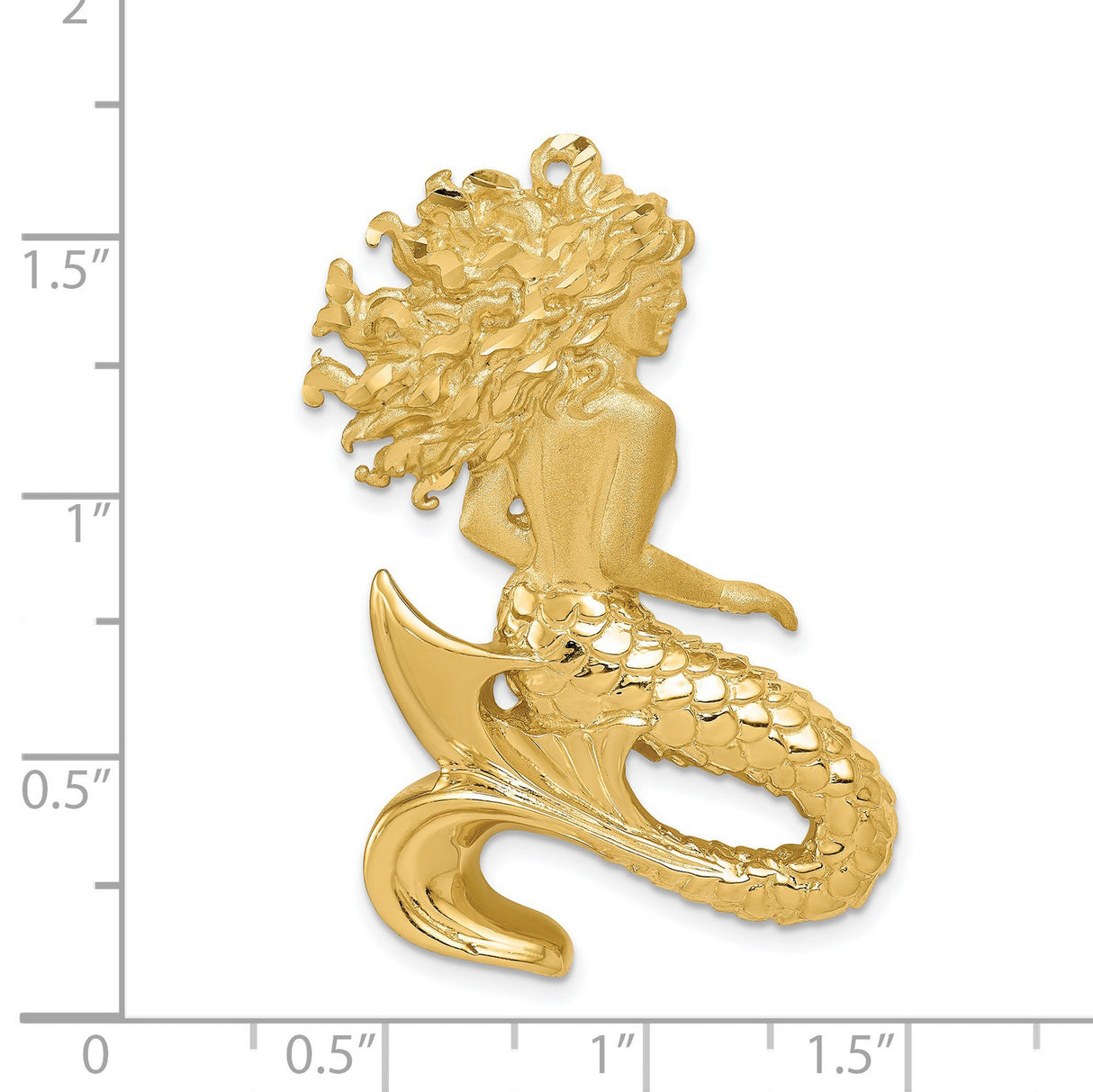 14k Yellow Gold Mermaid Pendant with Flowing Hair and Textured Scales, Nautical Ocean Theme Jewelry