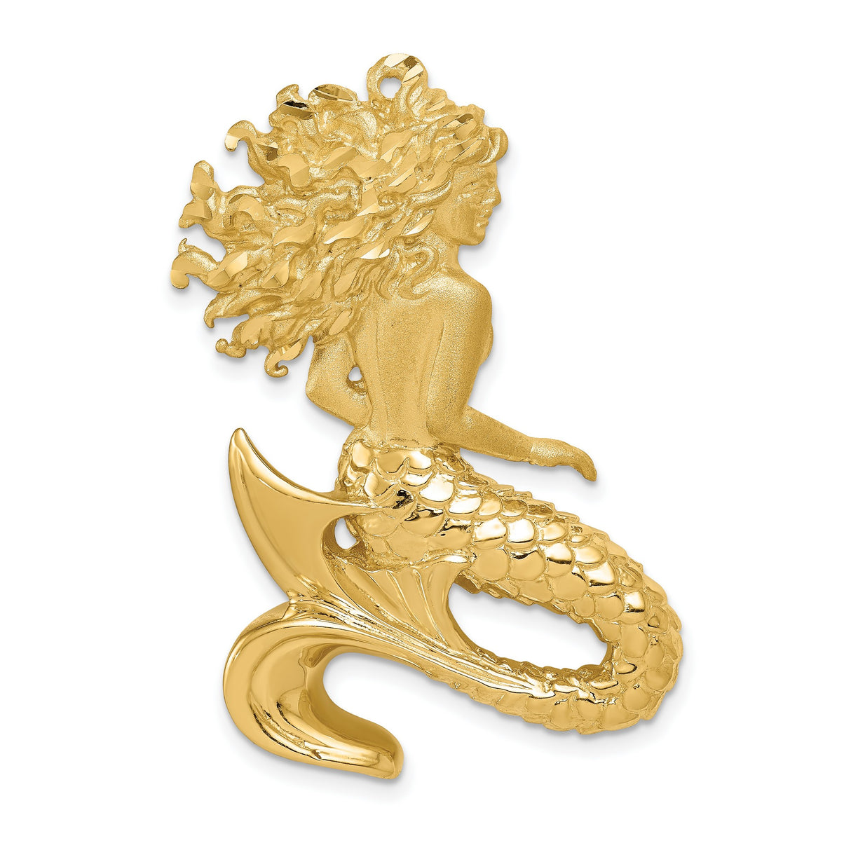 14k Yellow Gold Mermaid Pendant with Flowing Hair and Textured Scales, Nautical Ocean Theme Jewelry