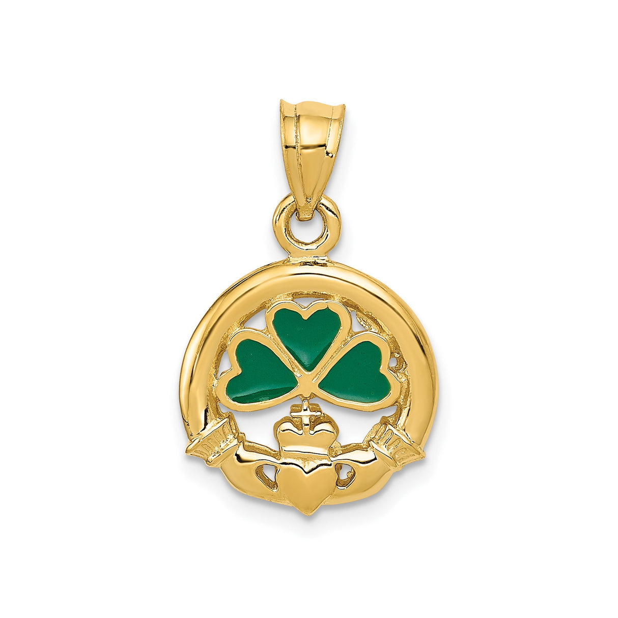 14k Yellow Gold Claddagh Shamrock Pendant with Green Enamel, Celtic Irish Symbol