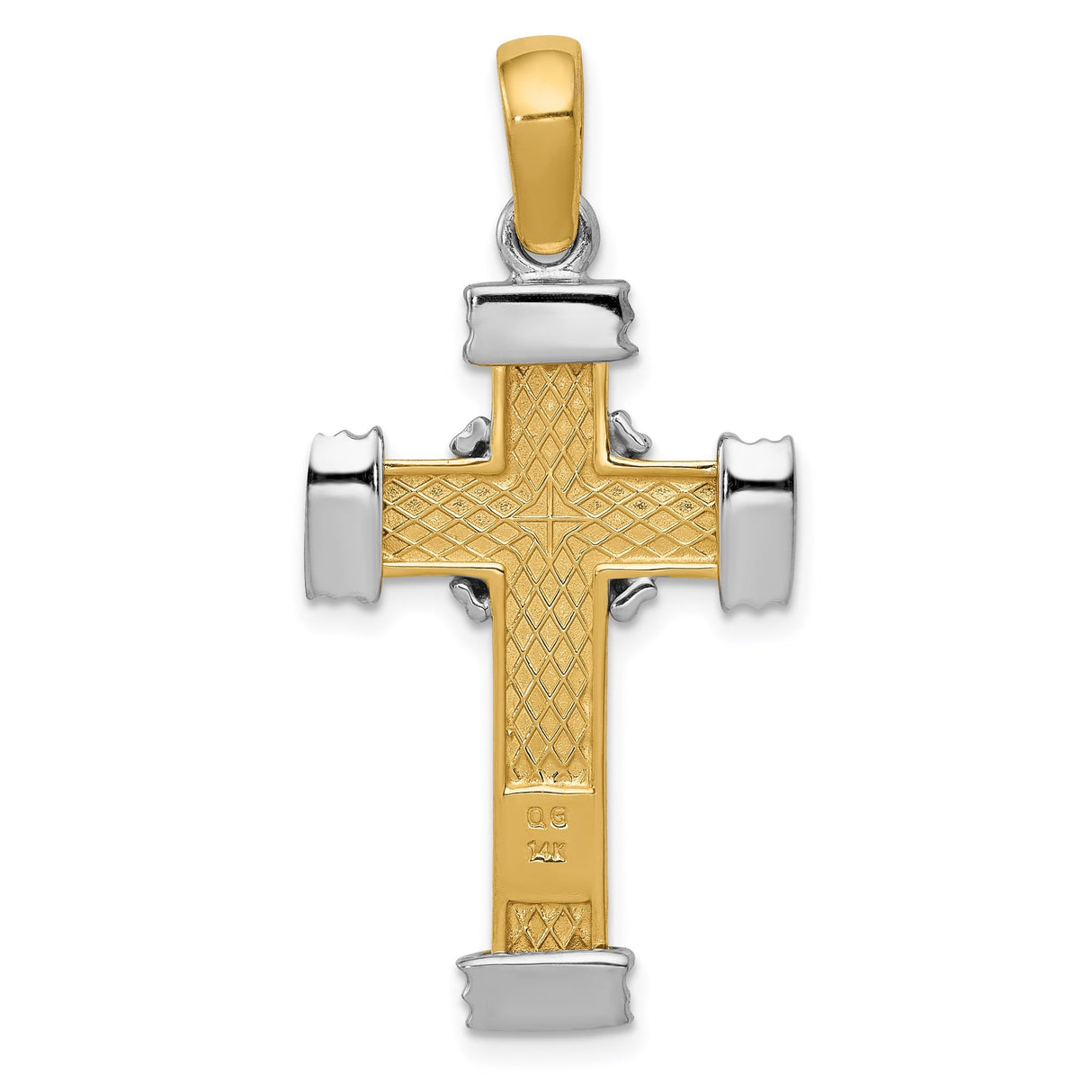 14k Two-Tone Gold Cross Pendant with Capped Ends and Textured Finish