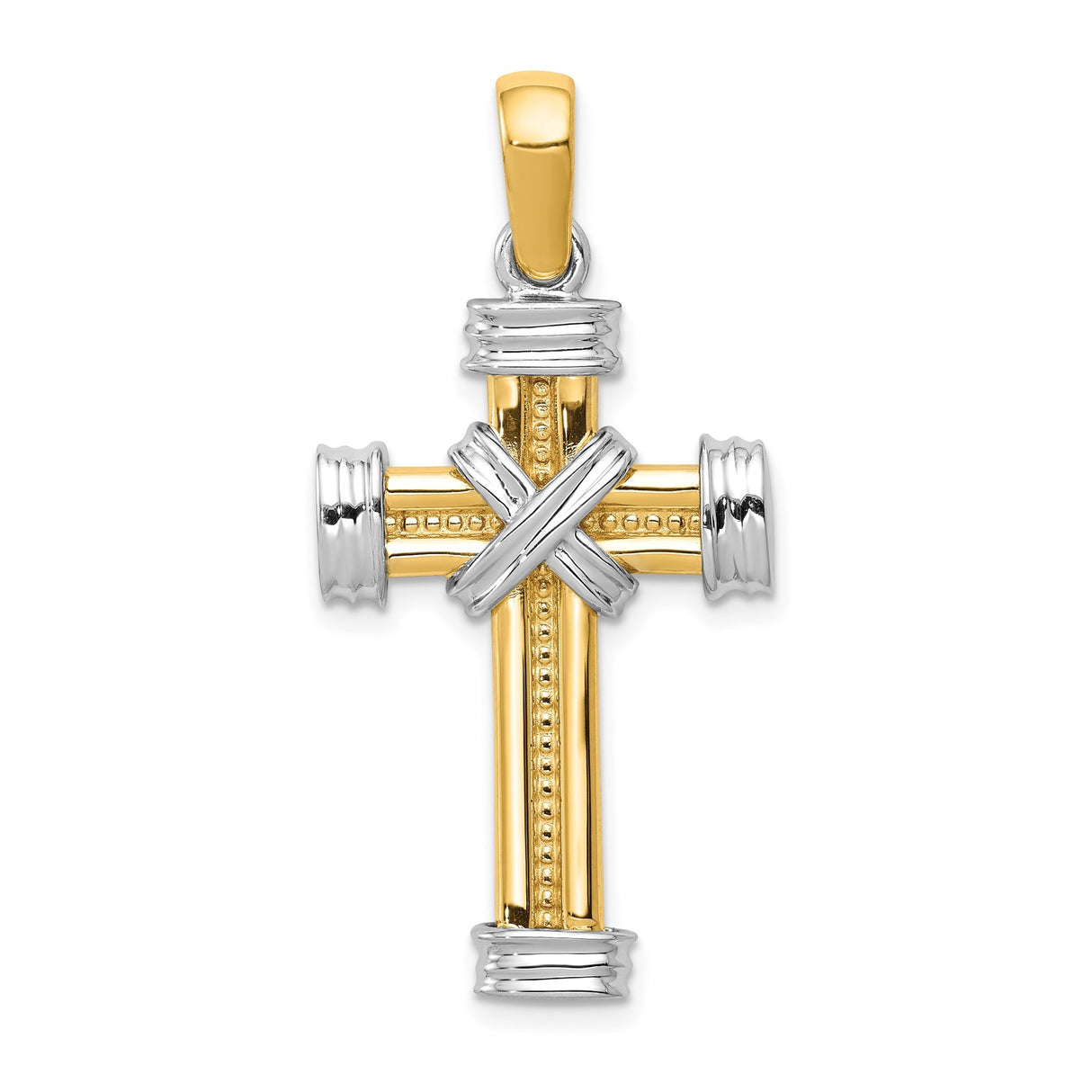14k Two-Tone Gold Cross Pendant with Capped Ends and Textured Finish