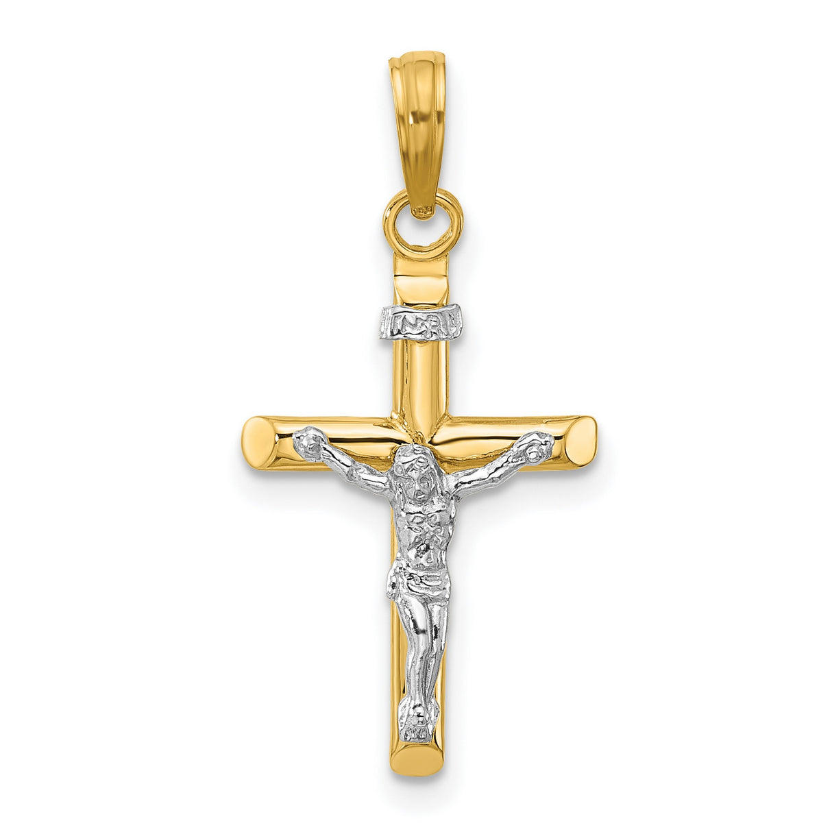 14k Multi-Tone Gold Crucifix Pendant with INRI Detail and Jesus Figure, Catholic Christian Charm
