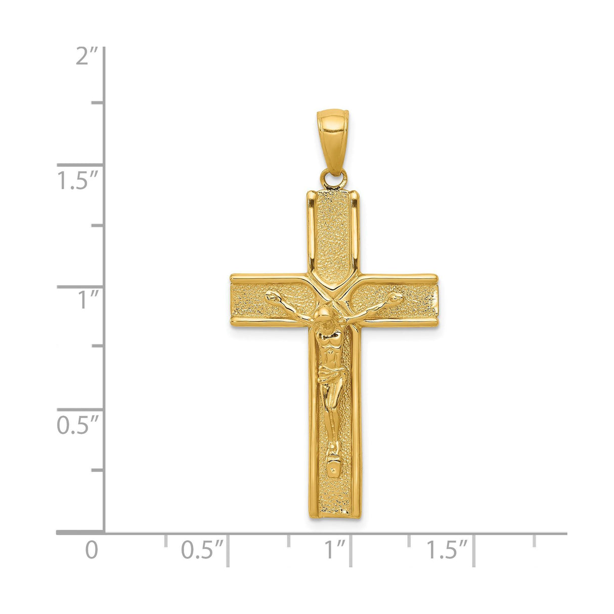 14k Yellow Gold Crucifix Pendant with Satin Finish Latin Cross and 3D Jesus Design
