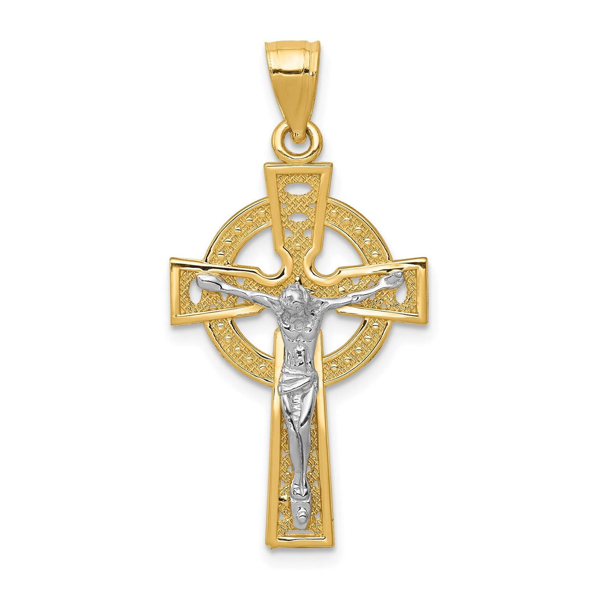 14k Multi-Tone Gold Celtic Crucifix Cross Pendant with Jesus Figure Christian Religious Jewelry