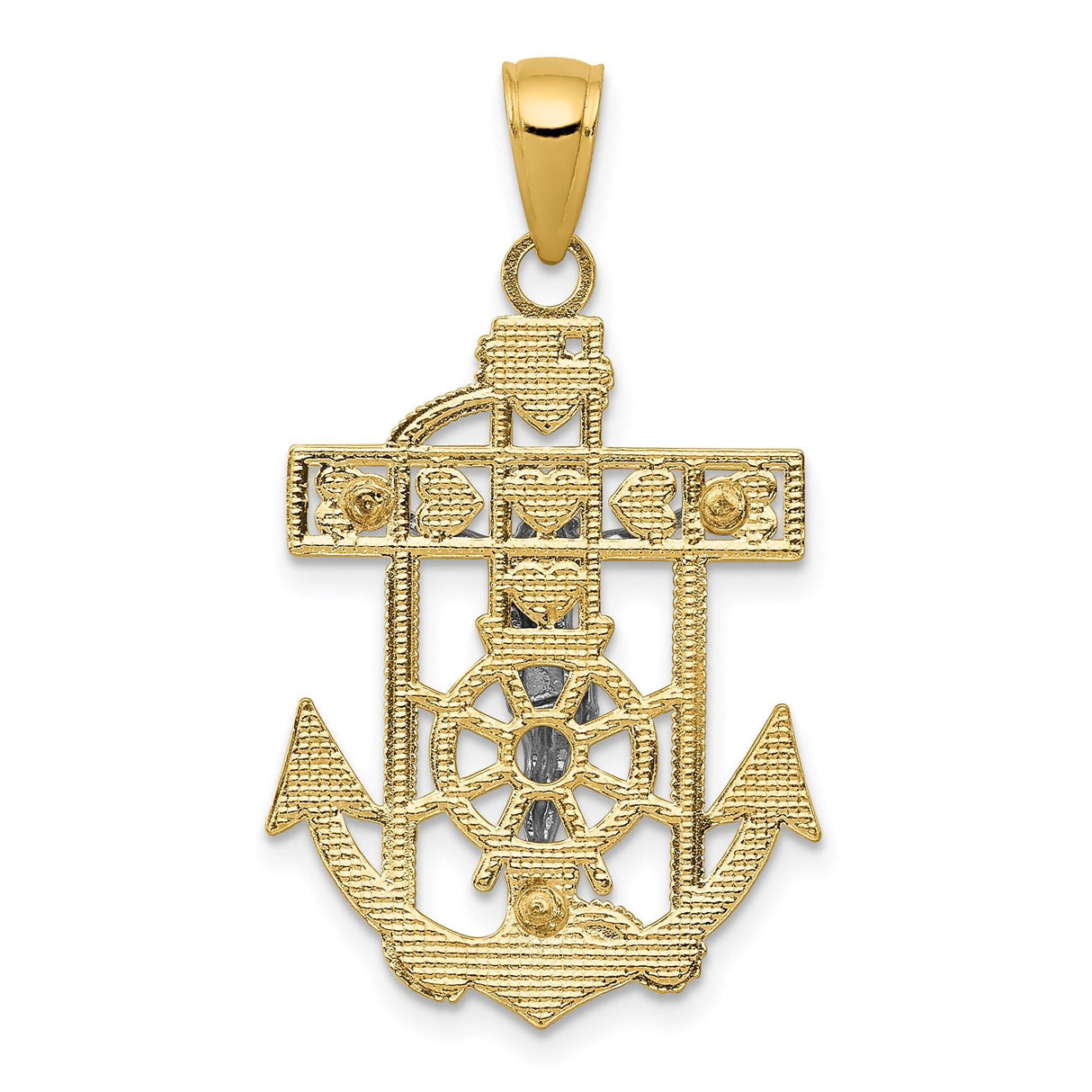 14k Two-Tone Gold Crucifix Anchor Pendant with Rope Detail and Ship Wheel Motif