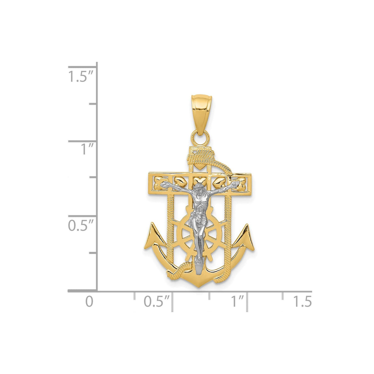 14k Two-Tone Gold Crucifix Anchor Pendant with Rope Detail and Ship Wheel Motif